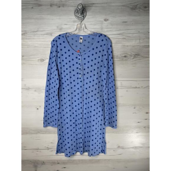 GAP Sleep Shirt Womens Medium Blue Polka Dot Waffle Knit Thermal Henley - Picture 1 of 9